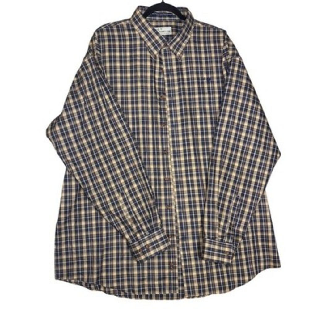 M. Dumas & Sons Mens Plaid Button-Down Shirt Blue Tan Cream Long Sleeve 2XL
